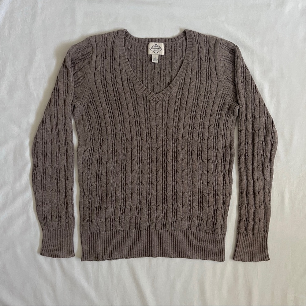 St John’s Bay V-neck Sweater | Brown Cable Knit Pullover Size M